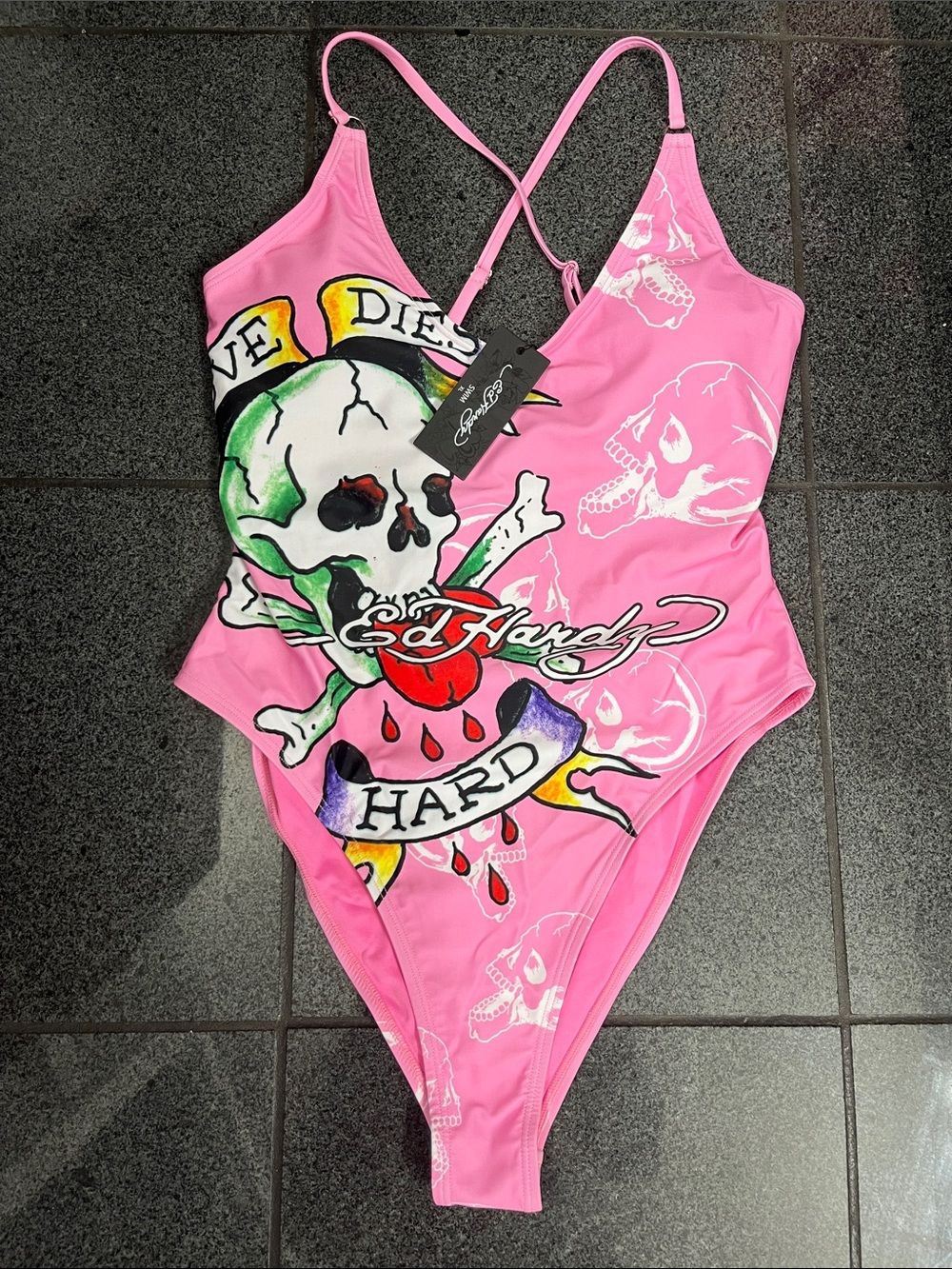 Ed Hardy Pink Tattoo-Print One-Piece Swimsuit